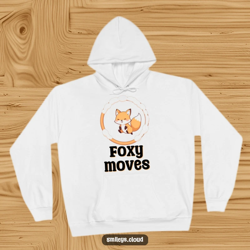 Funny hooded sweatshirt with a playful fox leaping joyfully through a cloud-shaped hoop, perfect for cozy adventures.