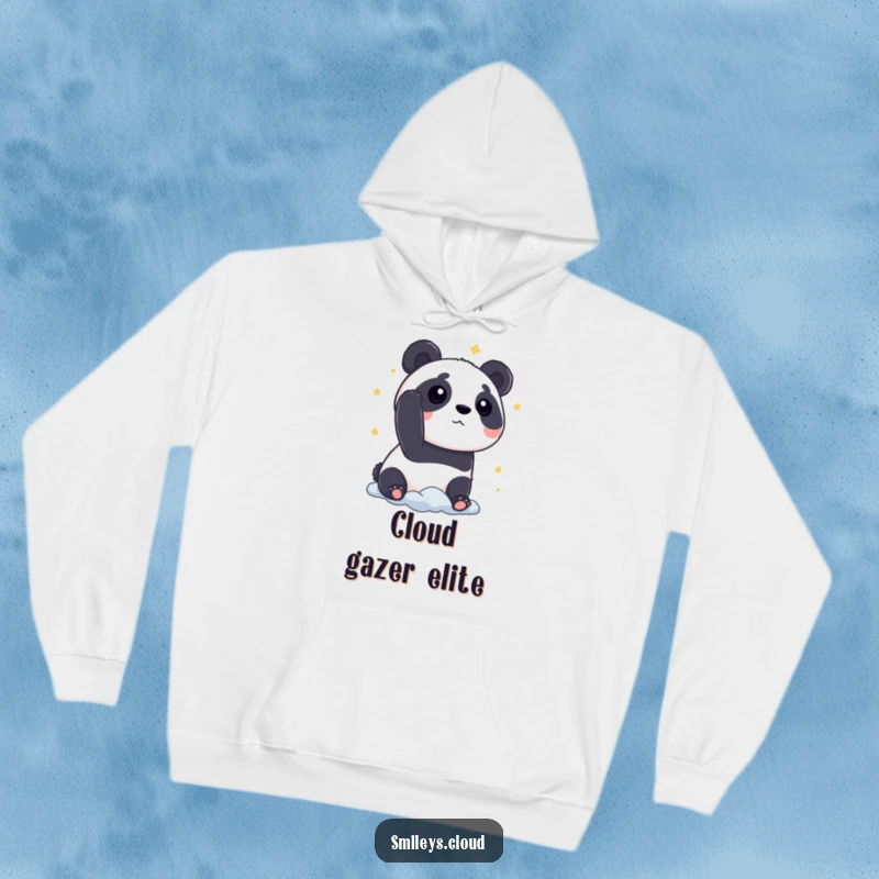 Funny panda hoodie featuring a curious panda gazing at stars from a cloud, a humorous and warm design.