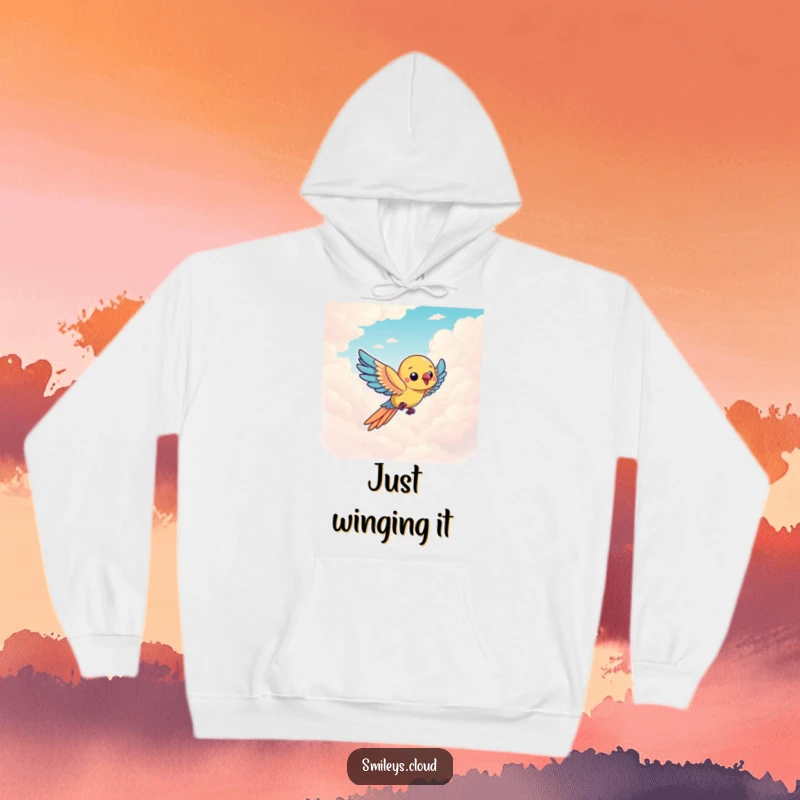 Funny parrot character soaring through a sky of clouds, depicted on this warm and humorous hoodie.