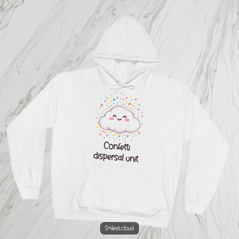 Funny hoodie depicting a smiling cloud in the midst of a colorful confetti burst, offering cozy comfort and festive cheer.