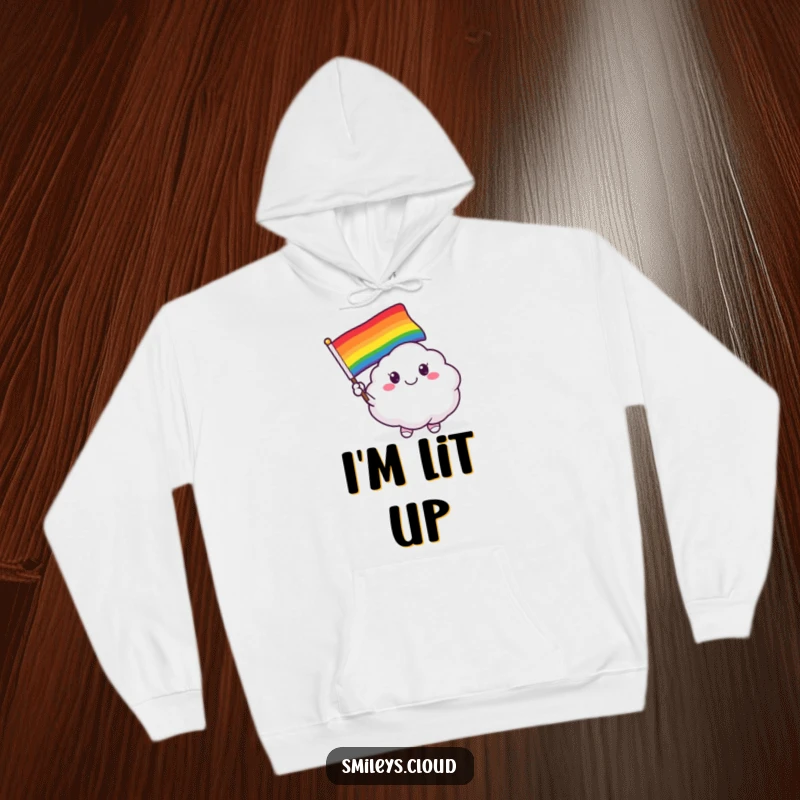 Funny hoodie featuring a smiling cloud critter joyfully waving a vibrant rainbow flag, embodying happiness and warmth.