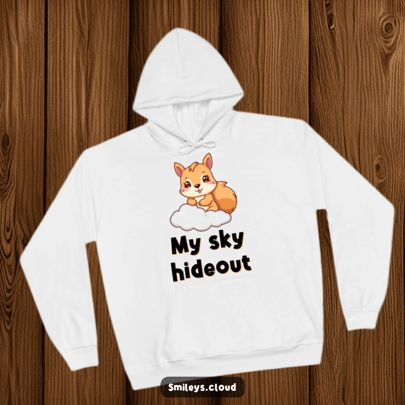 Funny Squirrel Hoodie: A cute squirrel peeks from behind a fluffy cloud, offering warmth and adorable humor, a perfect gift.