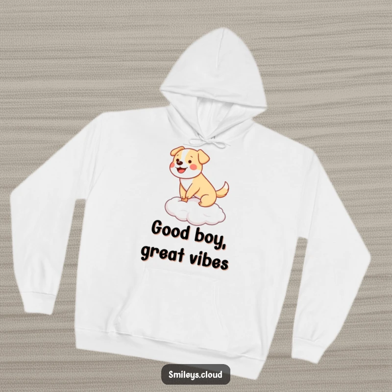 Funny happy dog wagging its tail, balancing on a cloud, wearing a cozy hoodie.