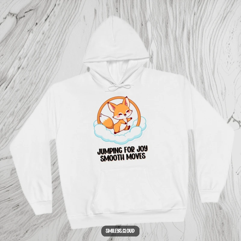 Funny fox hoodie depicting a playful fox leaping through a cloud hoop, offering warmth and whimsical charm.