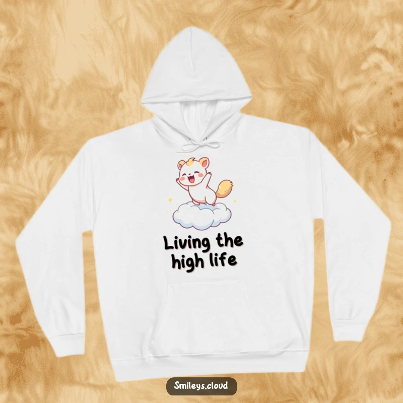 Funny hoodie with an active animal playfully leaping on a cloud, offering comfort and a touch of energetic humor.