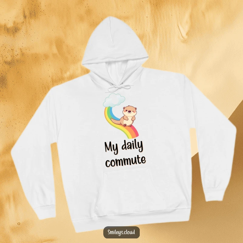 Funny happy otter sliding down a bright rainbow from a cloud, featured on a comfortable and funny hoodie.