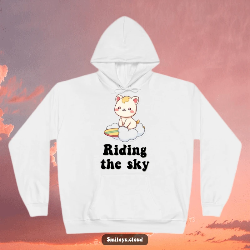 Funny hoodie featuring a smiling animal having fun riding a cloud like a surfboard, conveying ultimate happiness and lightness.