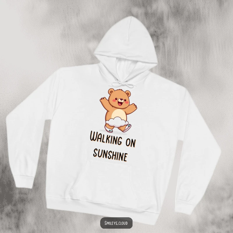 Funny hoodie featuring a proud bear wearing cloud shoes and walking on air, symbolizing ultimate comfort and joy.