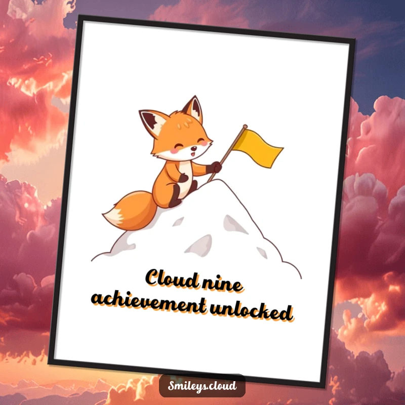 Funny Free Printable Wall Art: Determined fox plants a flag on a cloud peak, symbolizing an epic, humorous accomplishment.