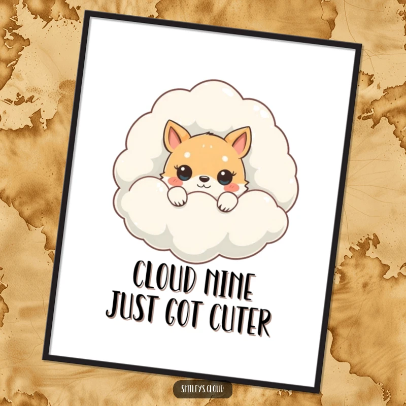 Funny Free Printable Wall Art: A cute animal peeks from behind a giant, fluffy white cloud with curious eyes.