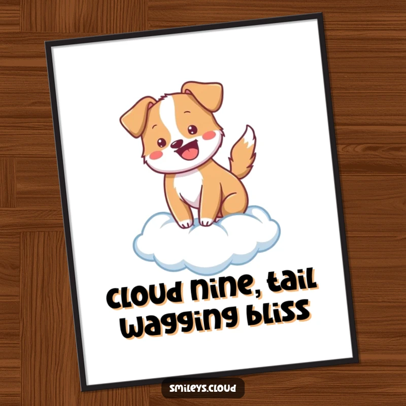Funny Free Printable Wall Art: A cheerful dog wagging its tail on a soft cloud, exuding pure happiness.