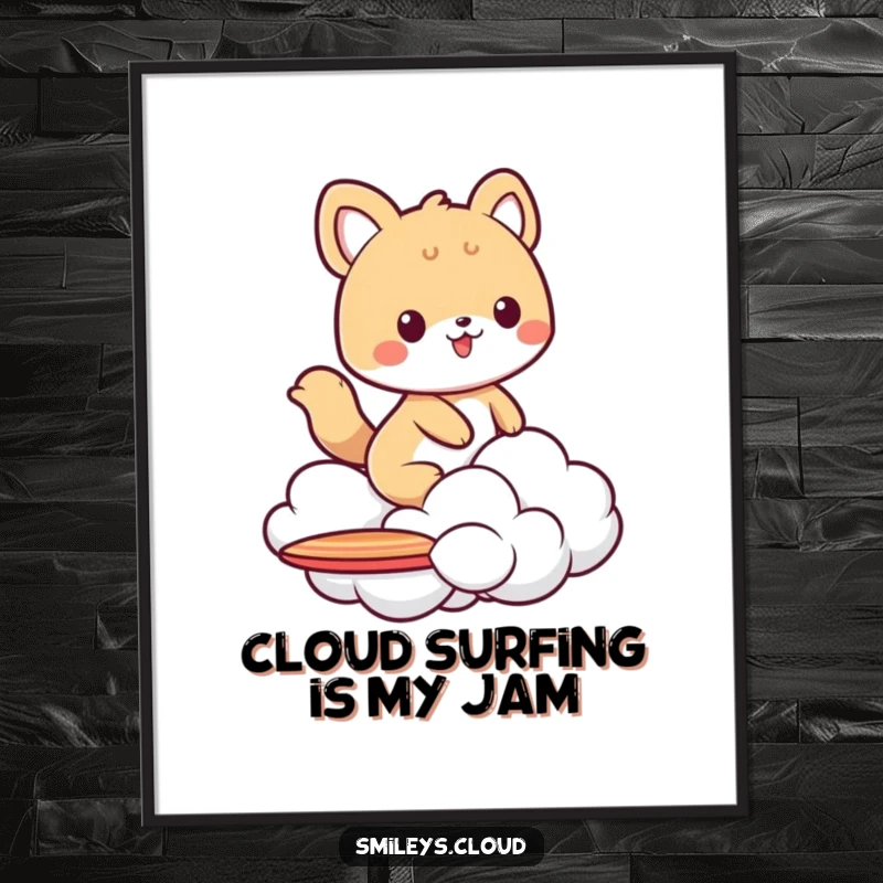 Funny Free Printable Wall Art: Playful animal character surfing a fluffy cloud, ideal for unique, humorous home decor.