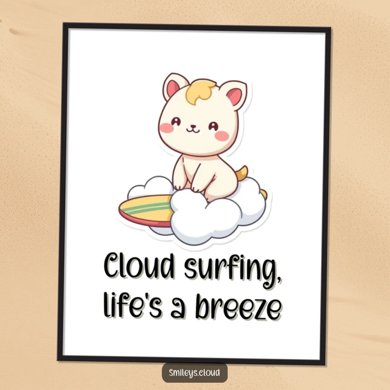 Funny Free Printable Wall Art: A smiling animal gracefully surfs through the sky on a fluffy cloud.