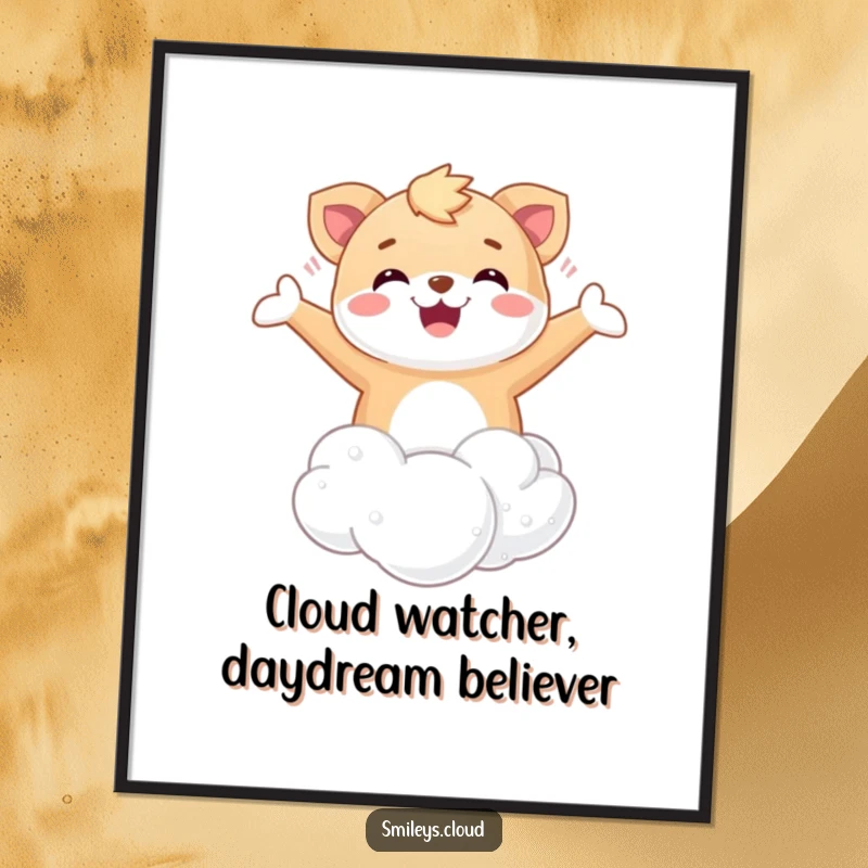 Funny Free Printable Wall Art: A happy animal joyfully floats on a fluffy cloud with arms open wide in relaxation.