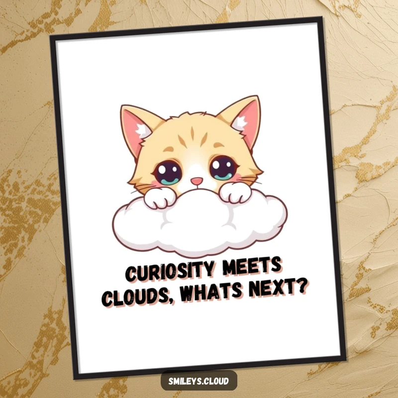 Funny Free Printable Wall Art: A curious cat with wide eyes peeks intently over the edge of a fluffy cloud, full of wonder.