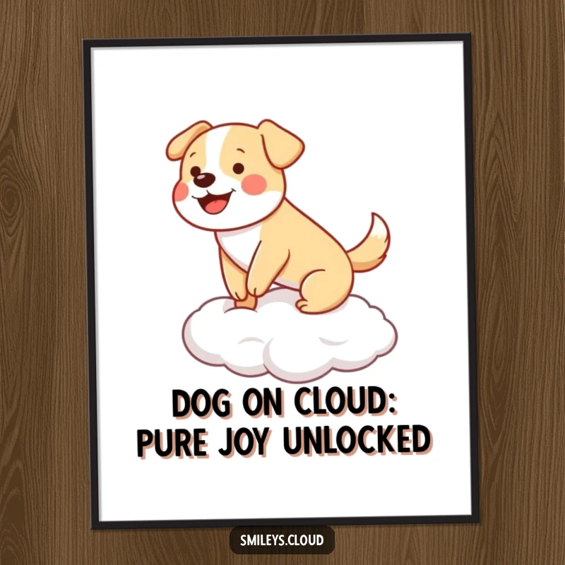 Funny Free Printable Dog Cloud Wall Art: A happy dog gleefully balances on a cloud, tail wagging with pure delight.