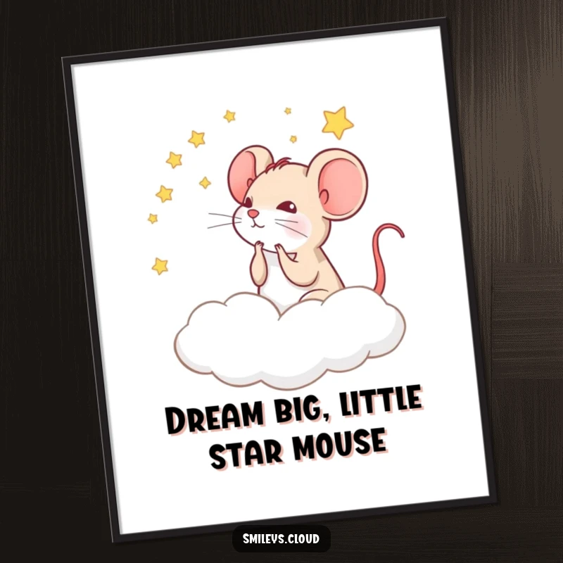 Funny free printable wall art featuring a thoughtful mouse gazing at stars from a cloud, evoking wonder and quirky humor.