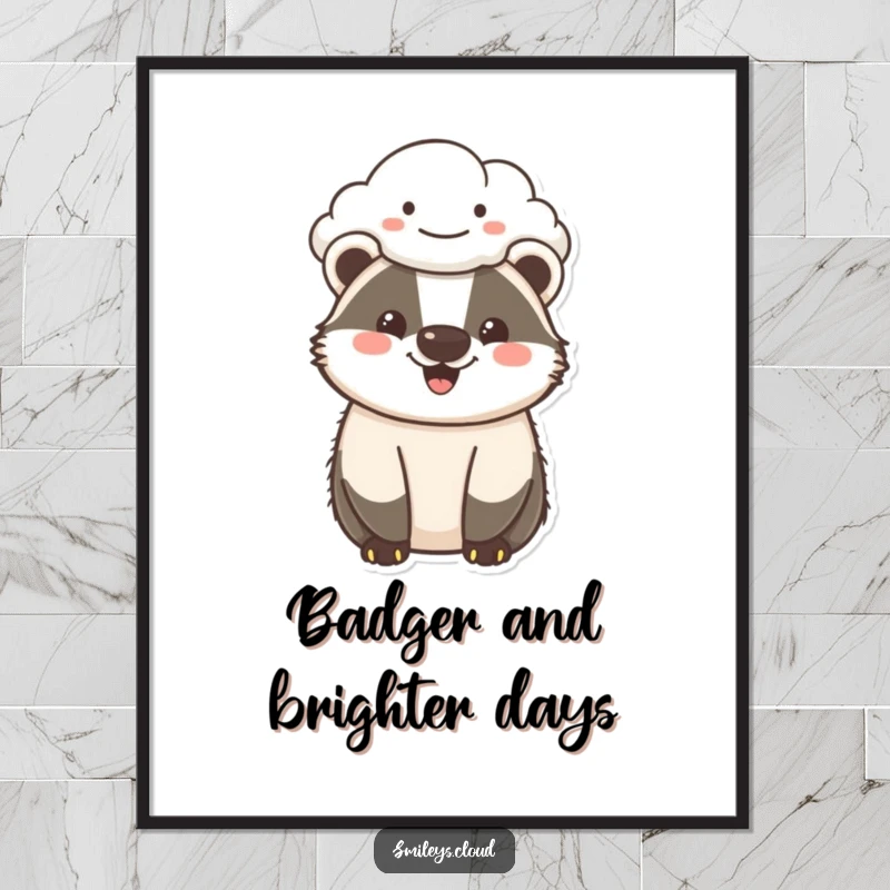 Funny Free Printable Wall Art of a cheerful badger looking joyfully up at a big, friendly smiling cloud, radiating positivity.