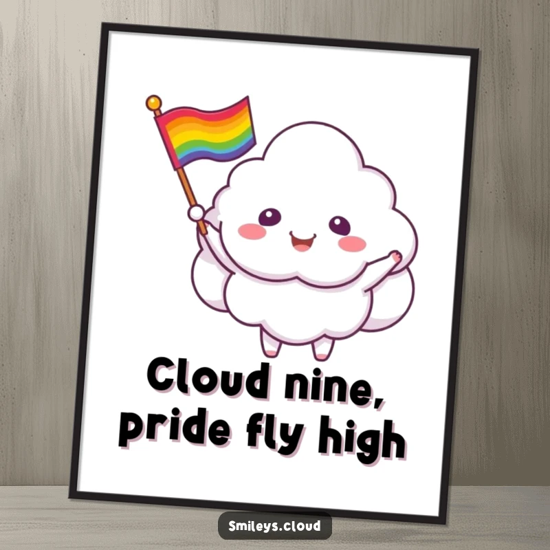 Funny Free Printable Wall Art: Smiling cloud creature joyfully waving a rainbow flag, symbolizing happiness and pride.