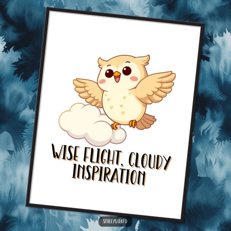 Funny free printable wall art, a joyous cartoon owl soaring gracefully beside a fluffy cloud, bringing cheer.
