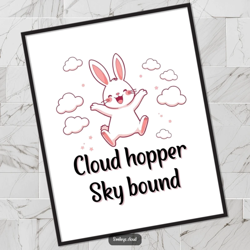 Funny Free Printable Wall Art: Happy rabbit leaping energetically between scattered clouds with pure joy and a delighted expression.