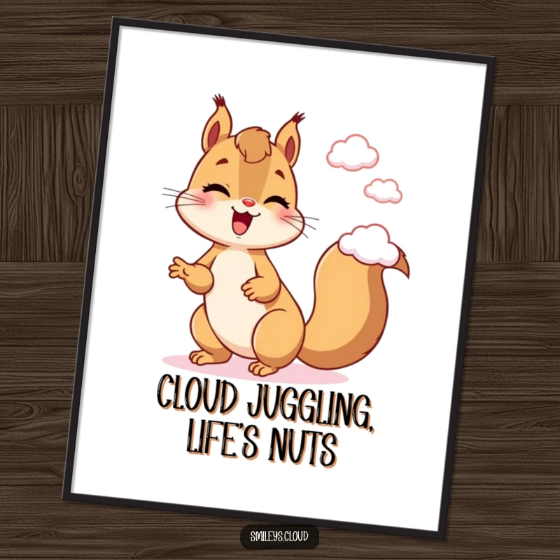 Funny free printable wall art, a giggling cartoon squirrel playfully juggling small fluffy clouds, adding charm.