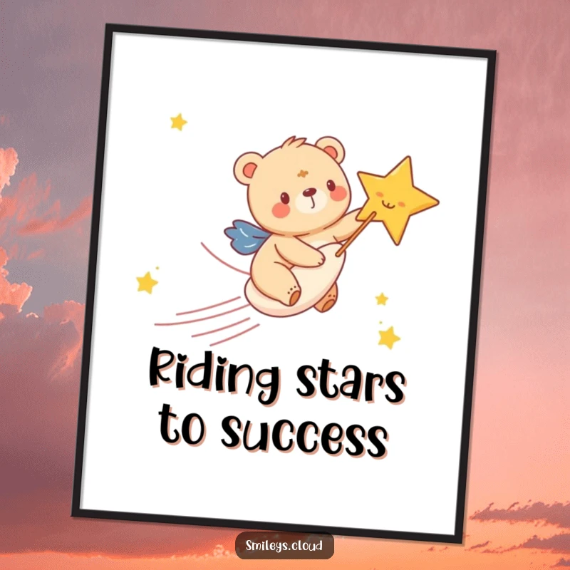 Funny Free Printable Wall Art: Happy bear cub gleefully riding a shooting star across the night sky.