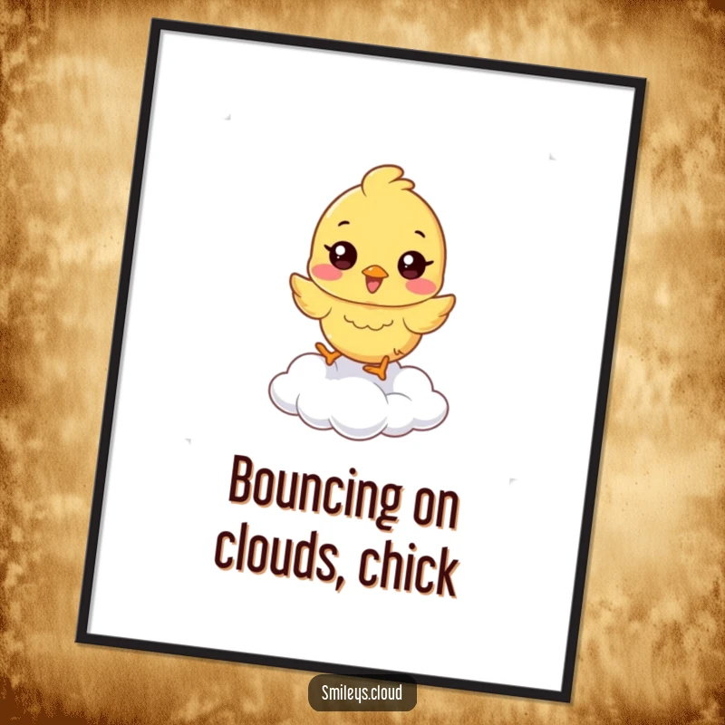 Funny Free Printable Wall Art: A joyful bouncing chick character hopping happily on a soft cloud, a cheerful downloadable art piece.