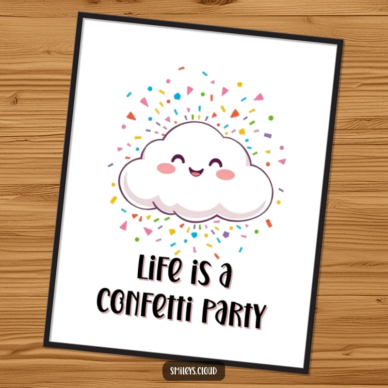 Funny Free Printable Wall Art: Smiling cloud cheerfully releasing colorful confetti, ideal for vibrant, happy home decor.