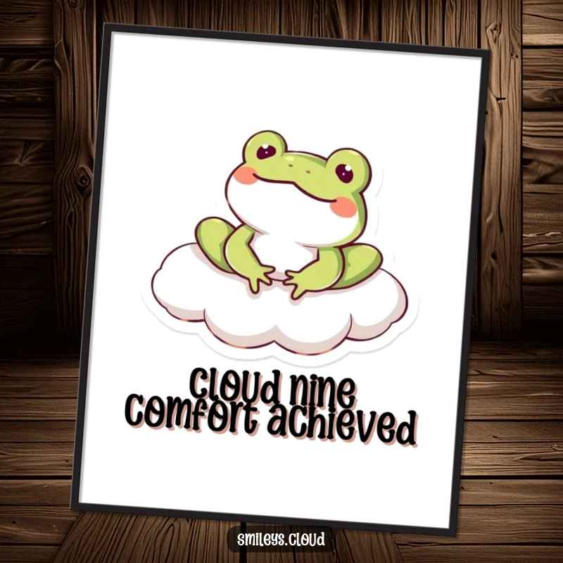 Funny Free Printable Wall Art: Contented frog lounging blissfully on a fluffy cloud, exuding pure, happy relaxation.