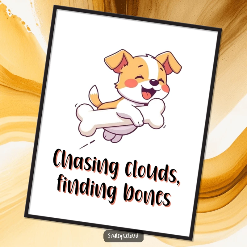 Funny Free Printable Wall Art: A giggling dog on a mission, chasing a cloud perfectly shaped like a bone, ultimate fetch joy.
