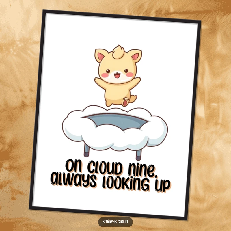 Funny Free Printable Wall Art: A whimsical animal happily bounces high on a fluffy cloud like a trampoline, cheerful decor.