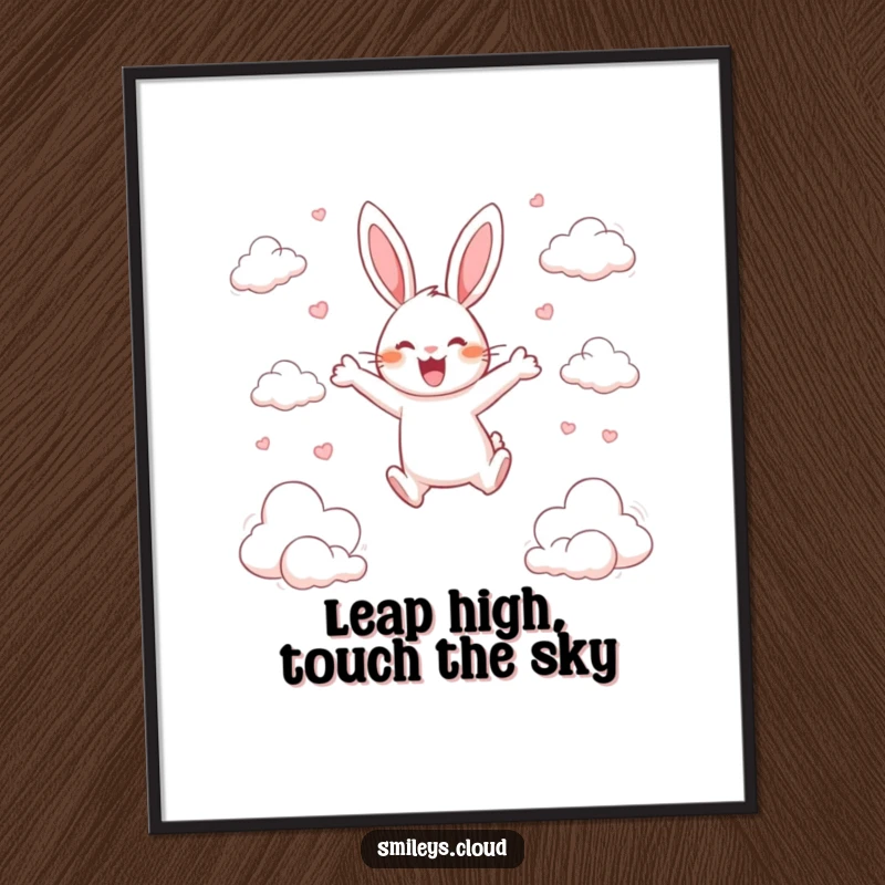 Funny Free Printable Wall Art: A happy rabbit exuberantly leaps between scattered clouds, capturing pure, unadulterated joy in motion.