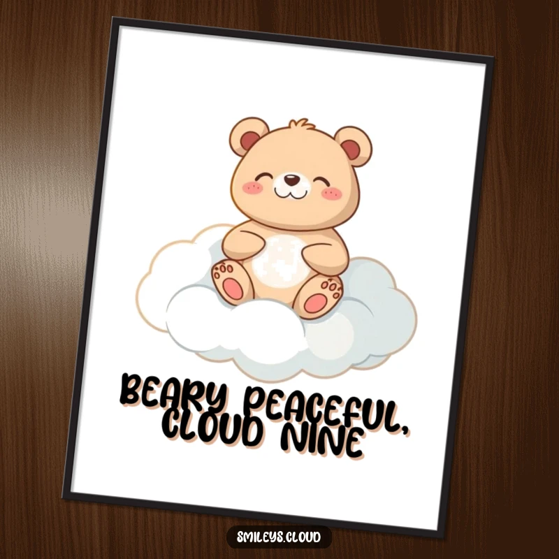 Funny Free Printable Wall Art: Happy bear in a meditative pose on a cloud, evoking peace and calm.