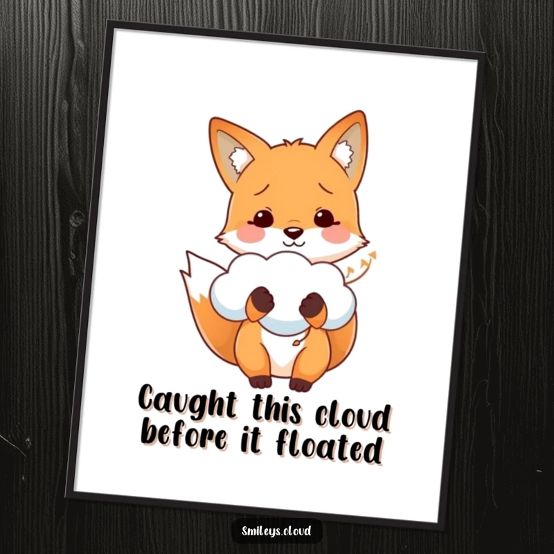 Funny free printable wall art: A cheerful fox holds a soft, fluffy cloud like a whimsical balloon, creating joy.