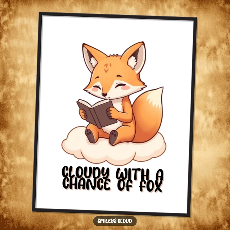 Funny Free Printable Wall Art: A determined fox engrossed in a book, sitting peacefully on a cloud.