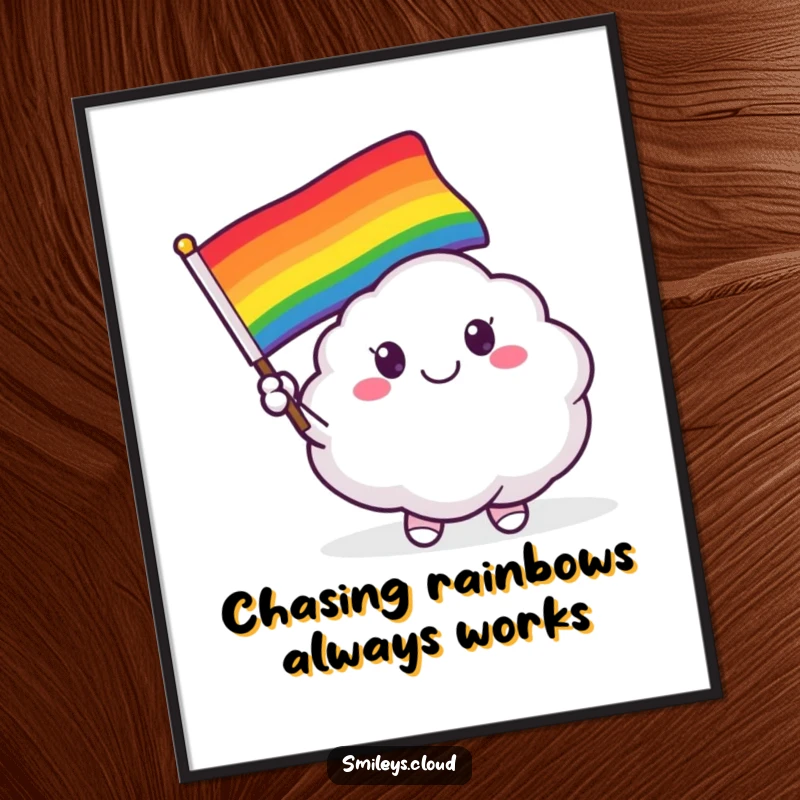 Funny Free Printable Wall Art: A smiling cloud critter waves a bright and colorful rainbow flag.