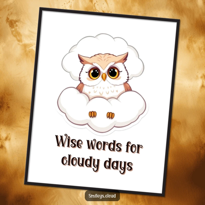 Funny Free Printable Wall Art: A curious owl peeking from a fluffy cloud, with an expression of gentle inquiry.