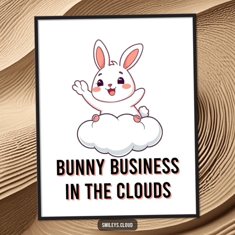 Funny Free Printable Wall Art: A happy bunny floating on a cloud, waving with a cheerful expression.