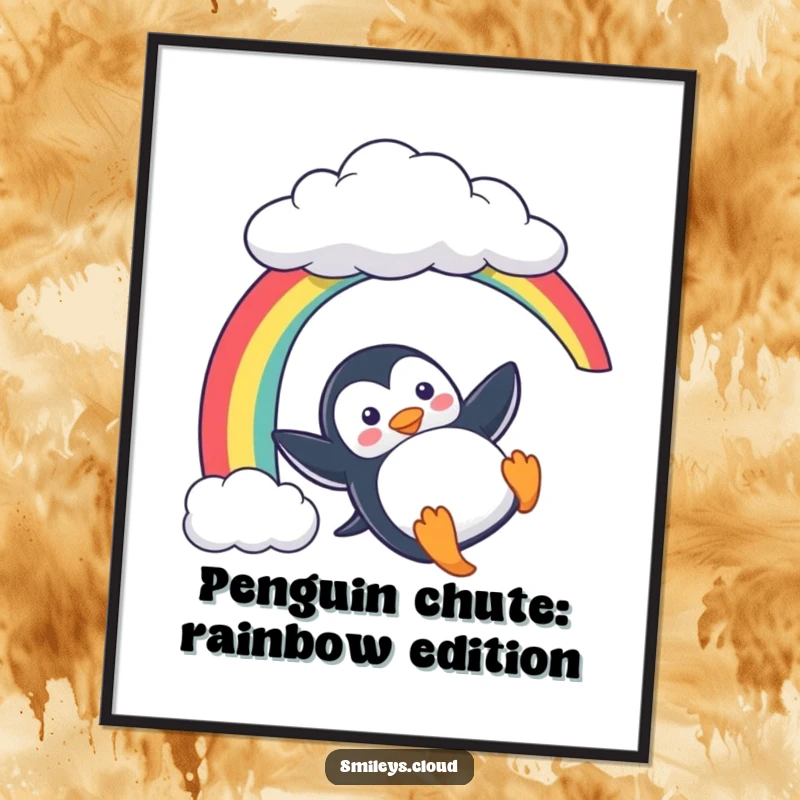 Funny Free Printable Wall Art: A playful penguin sliding down a vibrant rainbow arching from a cloud.