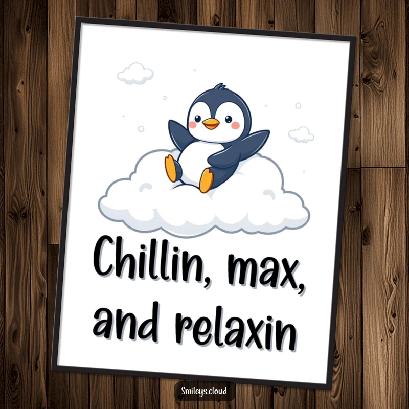 Funny Free Printable Wall Art: A peppy penguin energetically sliding down a soft, fluffy cloud slide.