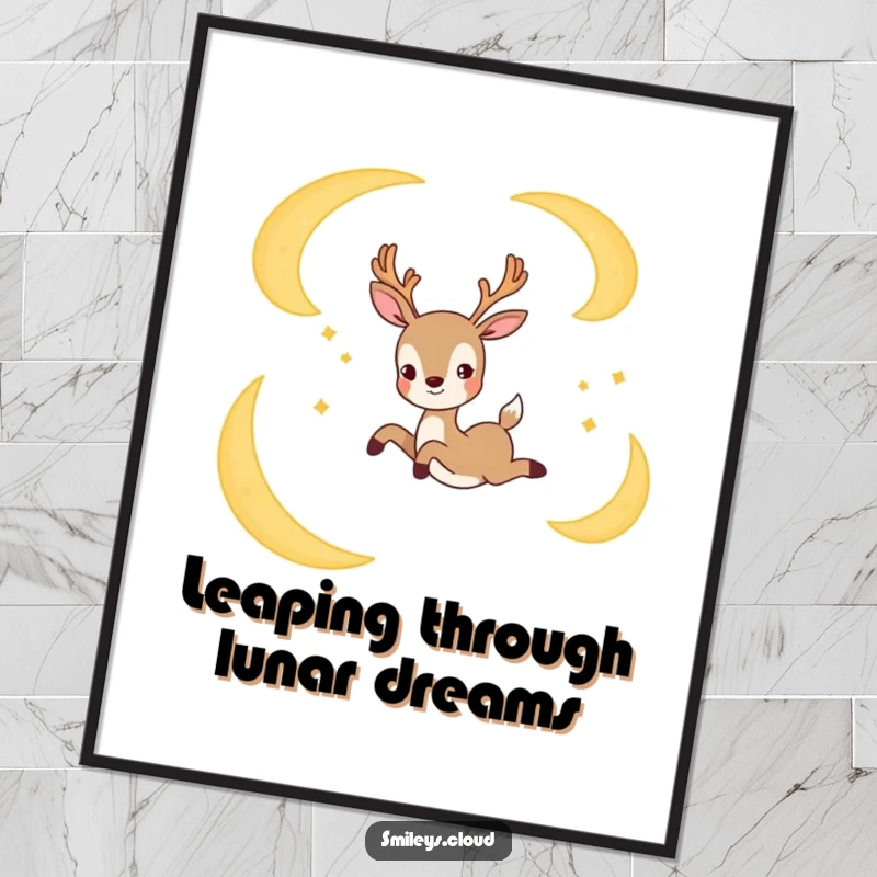Funny Free Printable Wall Art: A joyful deer gracefully leaping through the night sky between two crescent moons.