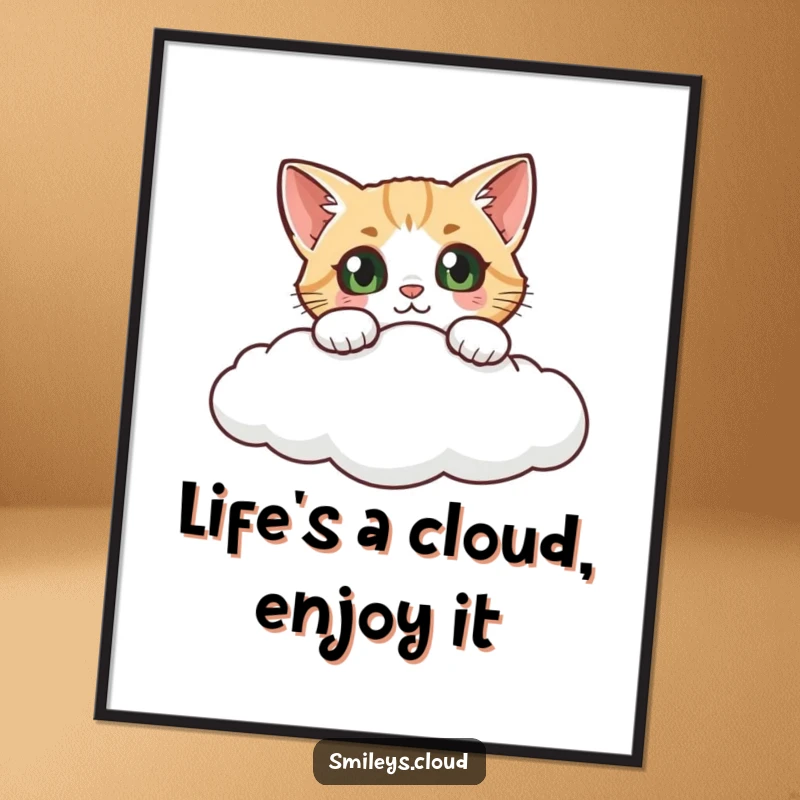Funny Free Printable Wall Art: A curious cat with wide eyes peeks over a fluffy cloud, bringing humor to your walls.