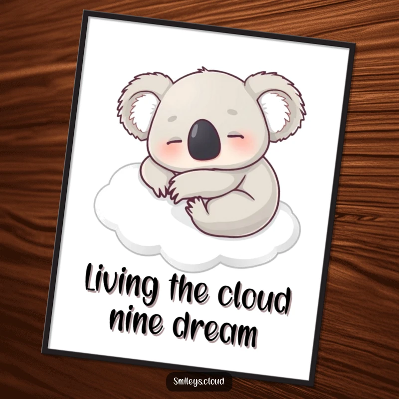 Funny Free Printable Wall Art: A contented koala sound asleep on a fluffy white cloud, radiating peace.