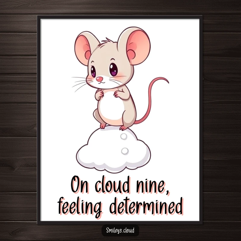 Funny Free Printable Wall Art: A brave mouse balancing with intense determination on a precariously small cloud, embodying courage.