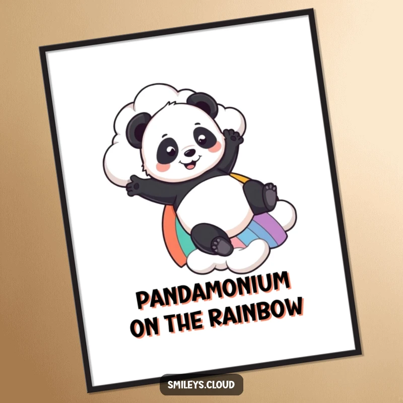 Funny Free Printable Panda Wall Art: A playful panda slides down a colorful rainbow descending from a soft cloud.