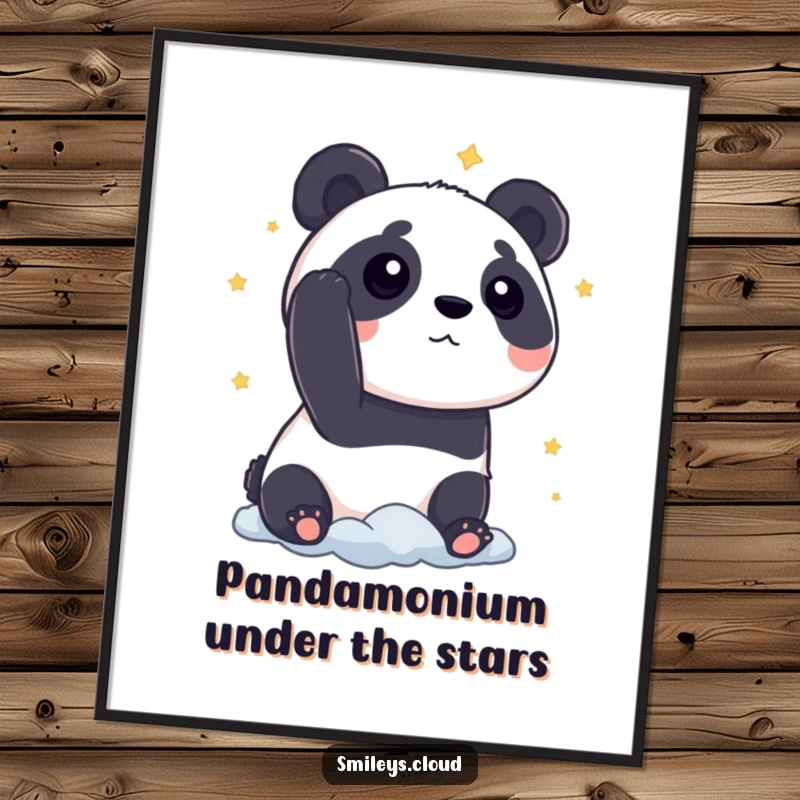 Funny Free Printable Wall Art: A curious panda character gazing dreamily at the stars from a soft cloud, a unique downloadable art piece.