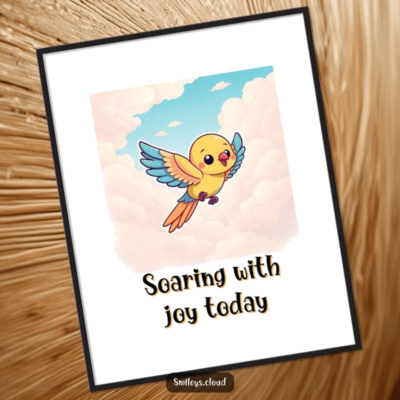 Funny Free Printable Wall Art: Vibrant parrot soaring dynamically through a bright, cloudy sky, a symbol of freedom.