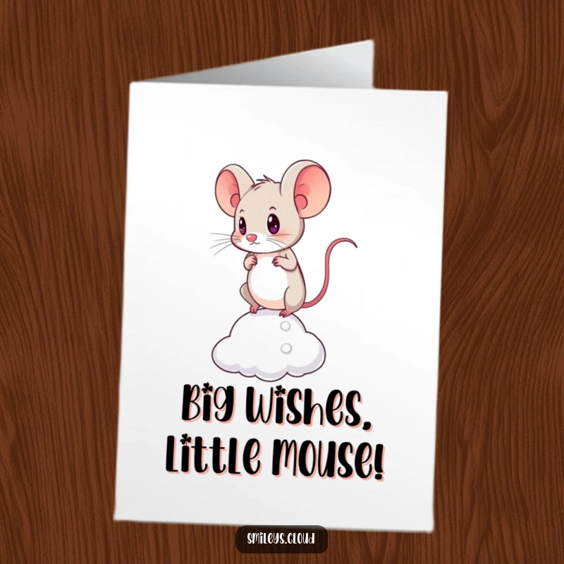 Funny Free Printable Birthday Card: A brave little mouse stands determined, balancing on a tiny cloud, facing challenges head-on.