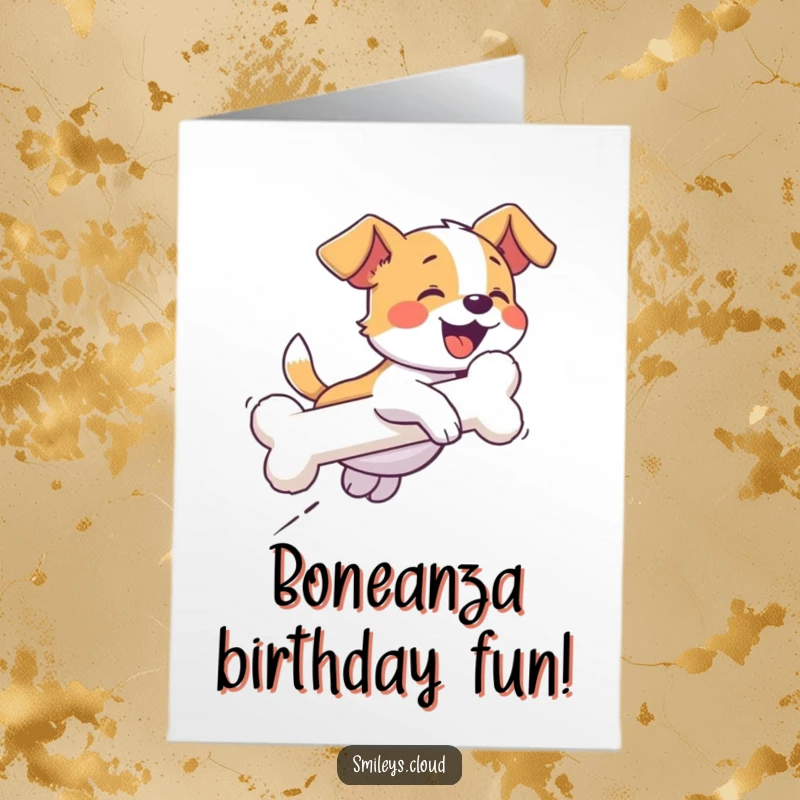 Funny Free Printable Birthday Card: A giggling dog joyfully chasing a cloud that looks exactly like a bone, pure canine delight.